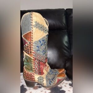 Old Gringo Red and Blue Heeled Boots Patchwork Design